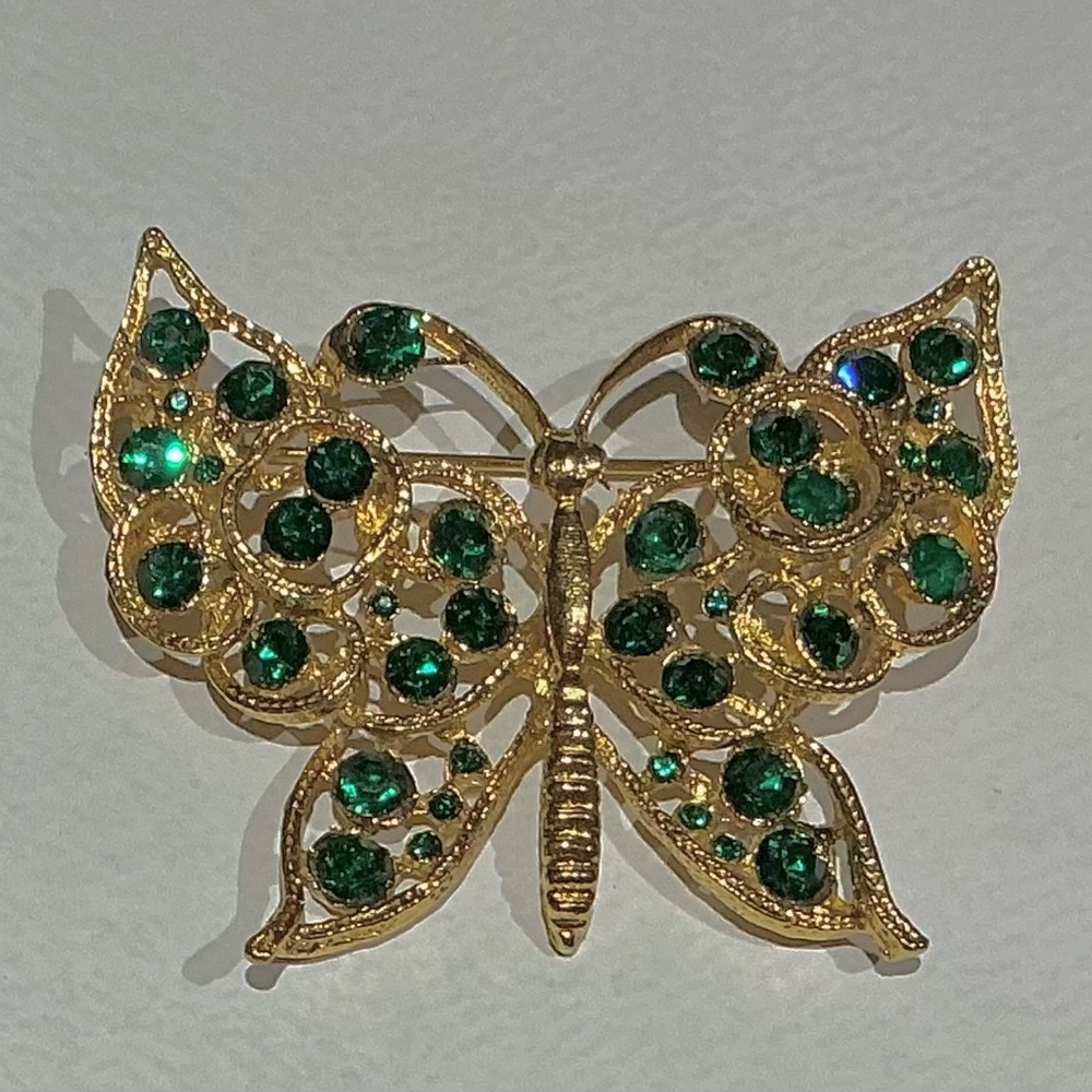 Vintage Mid Century Gold Tone and Green Rhinestone Butterfly Brooch